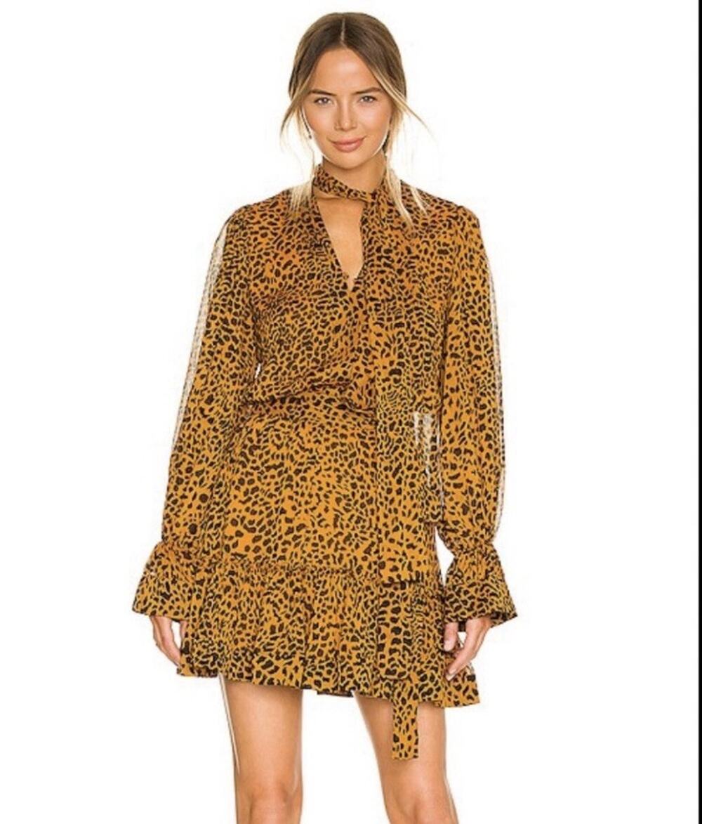 Alexis Malika Leopard Mini Dress Small Long Bell Sleeve Semi Shear Neck Tie N6